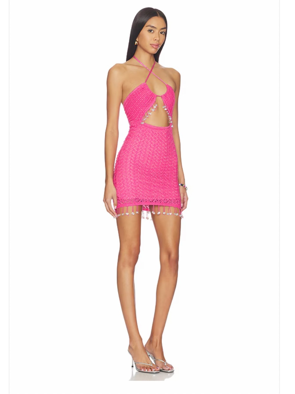 Capittana Daria hot pink Halter Crochet Mini Dress with Beaded Tassel Trim - Picture 3 of 12